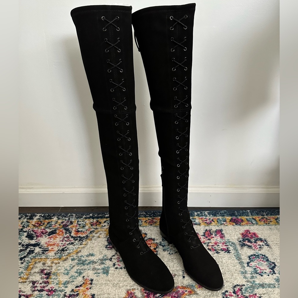Stuart Weitzman Exes Black Suede Lace Up OTK Boots Size 7.5